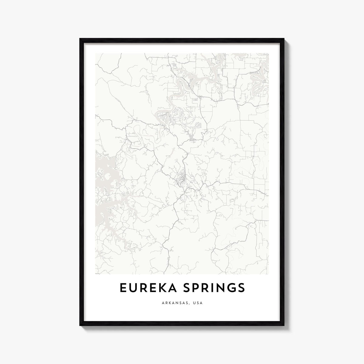 Eureka Springs black & white map poster of Arkansas, USA – vertical wall art, unframed print shown in interior mockup