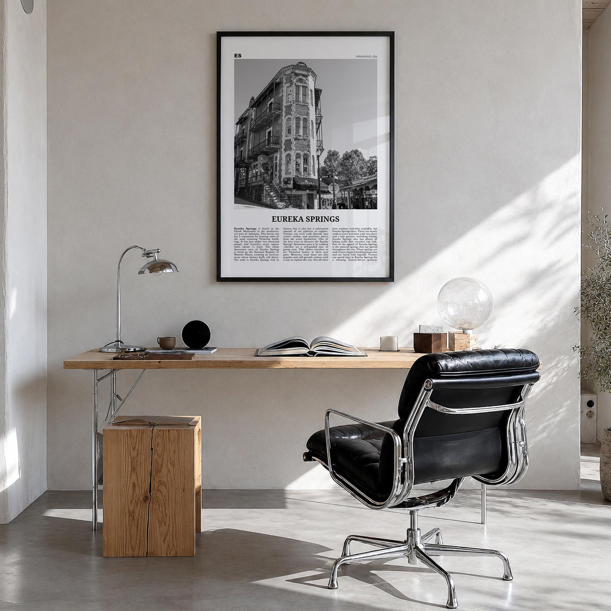 Eureka Springs black & white newspaper poster of Arkansas, USA – vertical wall art in black wood frame, hanging on wall