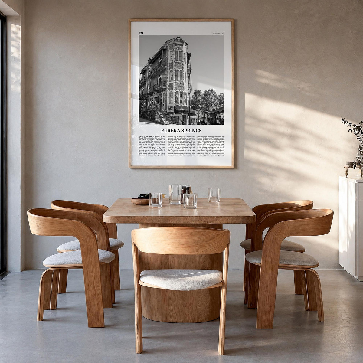 Eureka Springs black & white newspaper poster of Arkansas, USA – vertical wall art in natural wood frame, hanging on wall