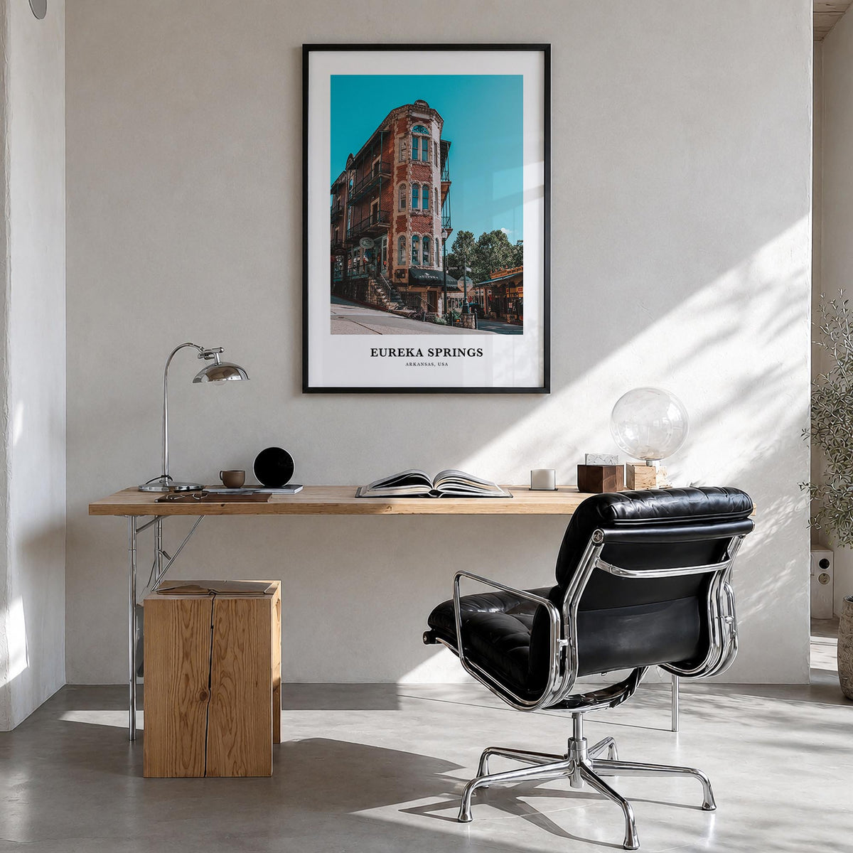 Eureka Springs colorful classic poster of Arkansas, USA – vertical wall art in black wood frame, hanging on wall