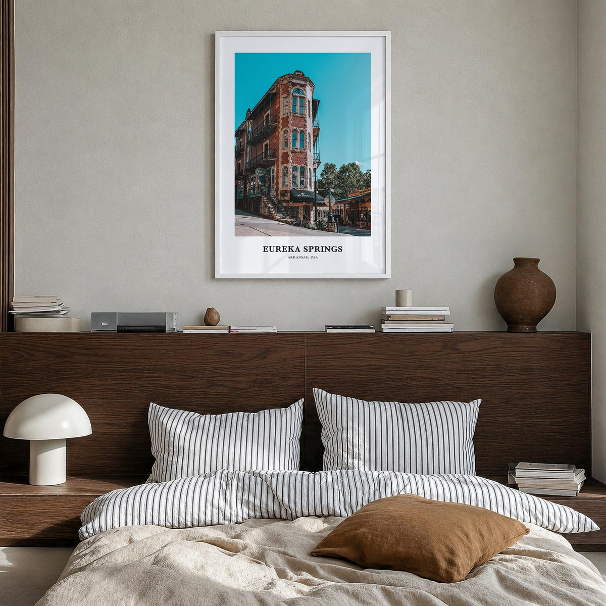 Eureka Springs colorful classic poster of Arkansas, USA – vertical wall art in white wood frame, hanging on wall