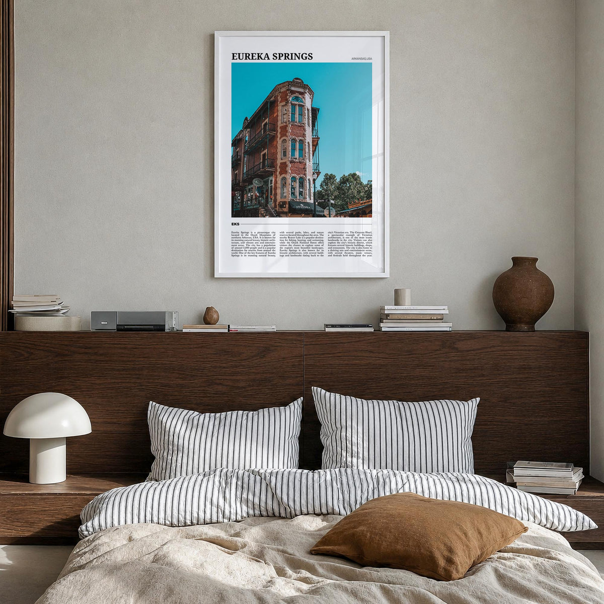 Eureka Springs colorful travel poster of Arkansas, USA – vertical wall art in white wood frame, hanging on wall
