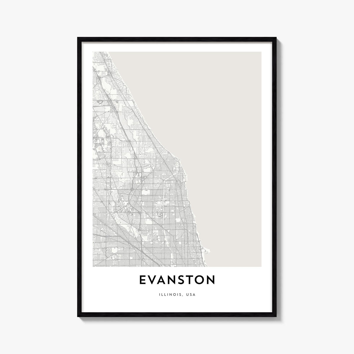Evanston black & white map poster of Illinois, USA – vertical wall art, unframed print shown in interior mockup