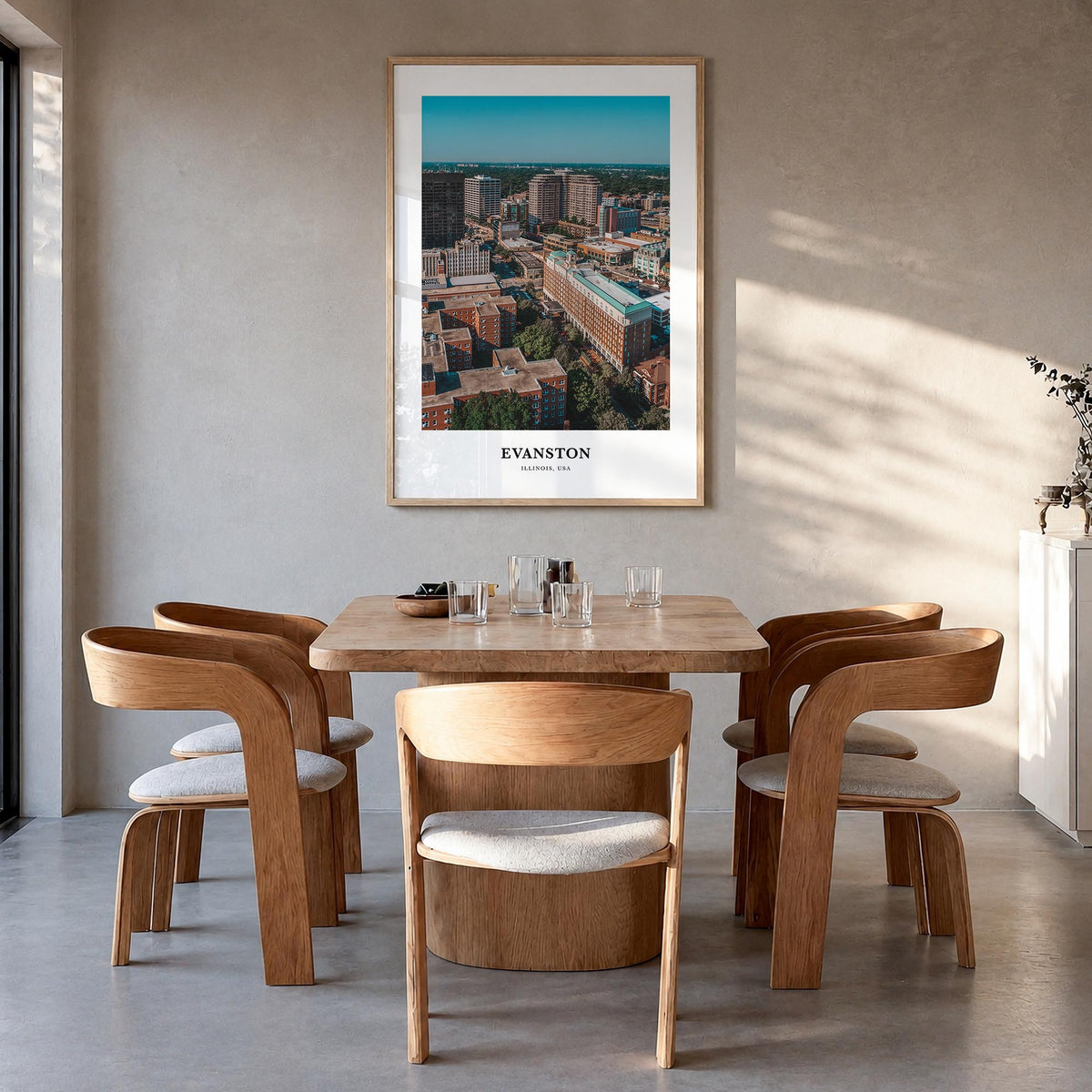 Evanston colorful classic poster of Illinois, USA – vertical wall art in natural wood frame, hanging on wall