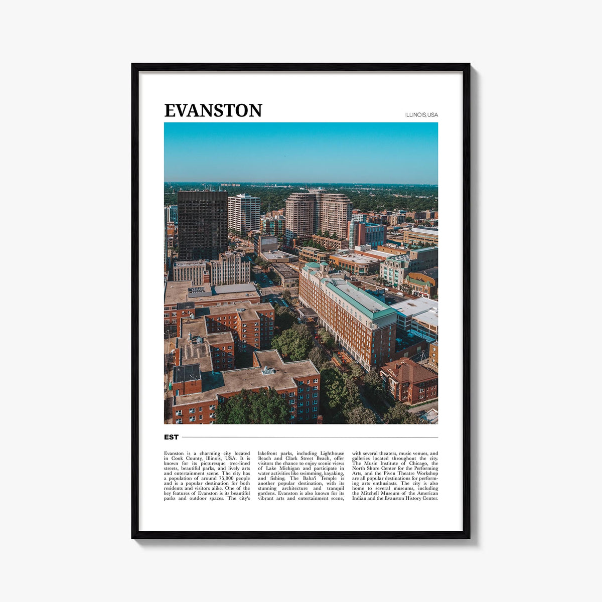 Evanston colorful travel poster of Illinois, USA – vertical wall art, unframed print shown in interior mockup