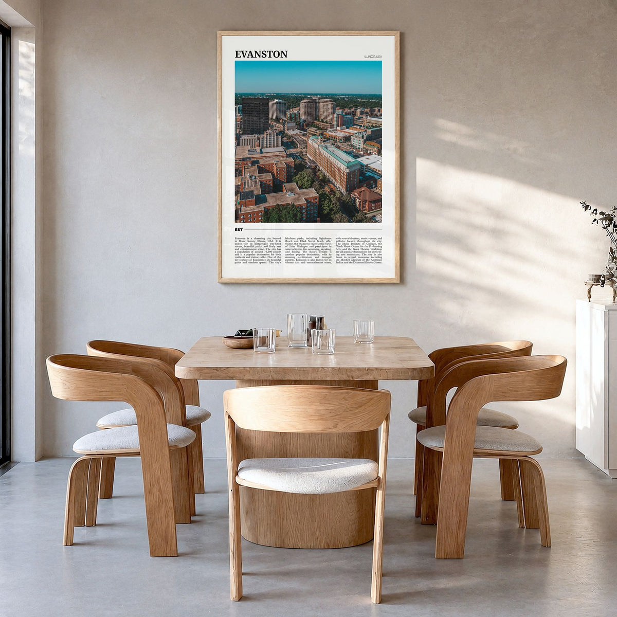 Evanston Travel Poster in a natural wood frame, hanging in a dining room