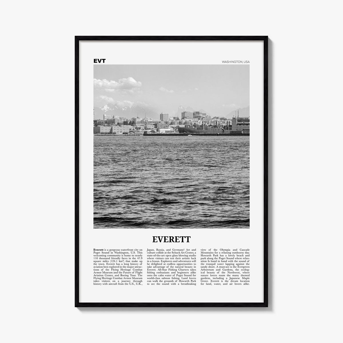 Everett black & white newspaper poster of Washington, USA – vertical wall art, unframed print shown in interior mockup