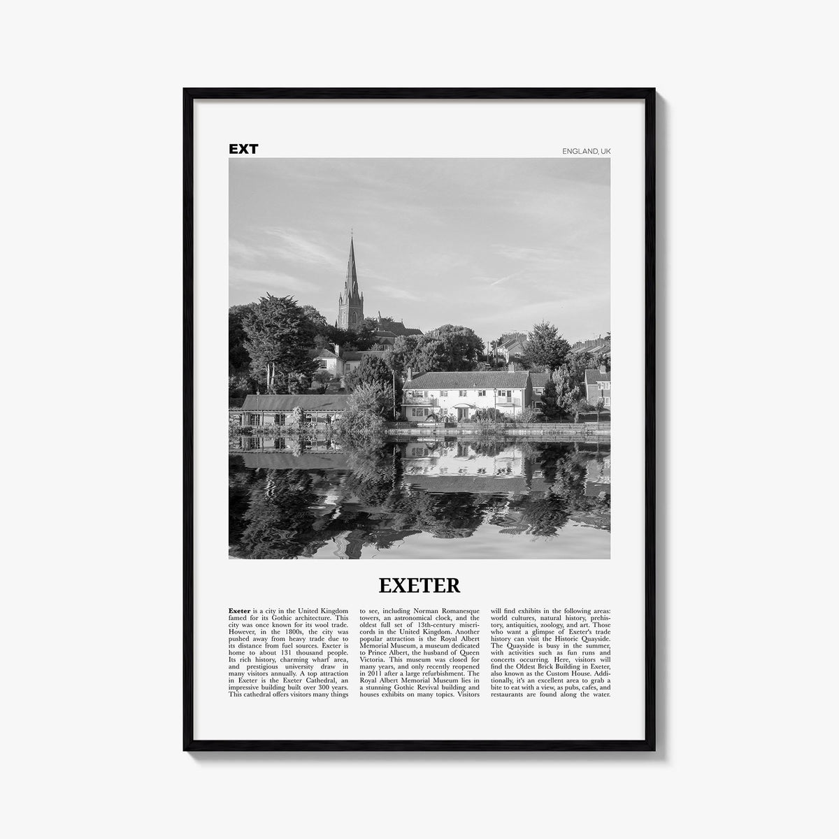 Exeter black & white newspaper poster of England, UK – vertical wall art, unframed print shown in interior mockup