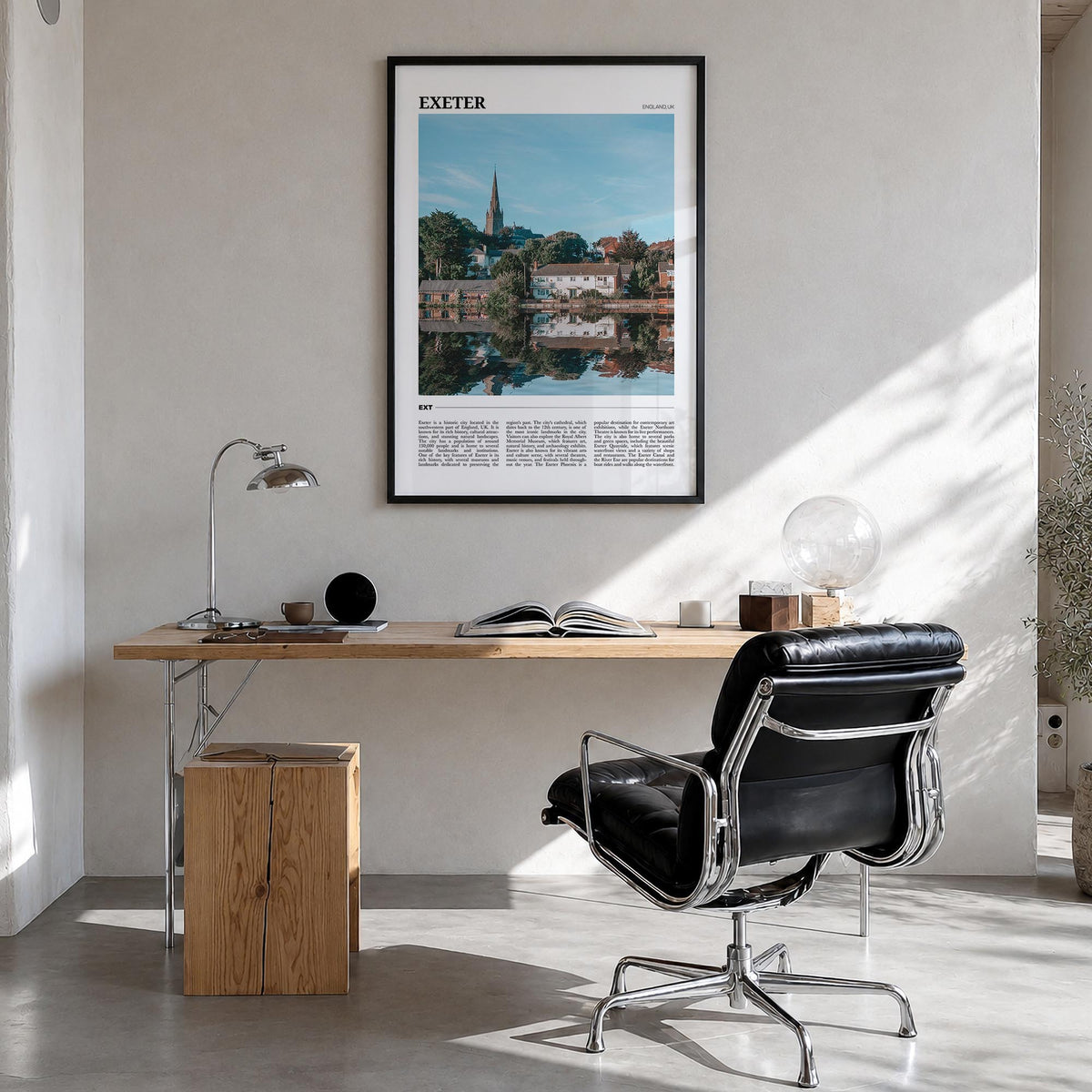 Exeter colorful travel poster of England, UK – vertical wall art in black wood frame, hanging on wall