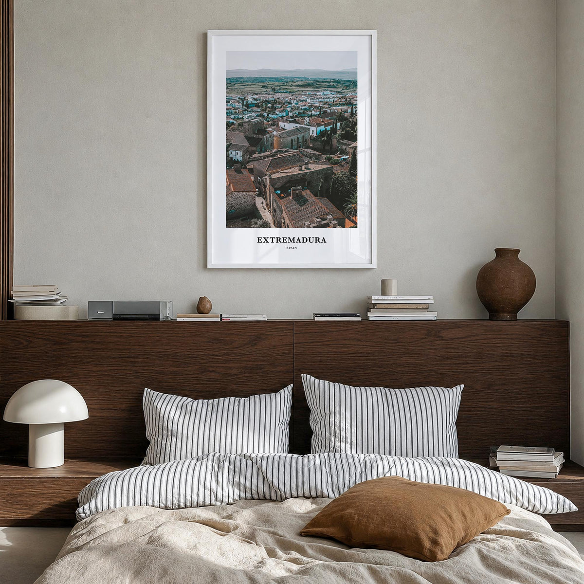 Extremadura colorful classic poster of Spain – vertical wall art in white wood frame, hanging on wall