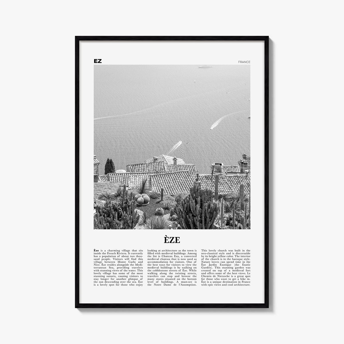 Èze black & white newspaper poster of France – vertical wall art, unframed print shown in interior mockup