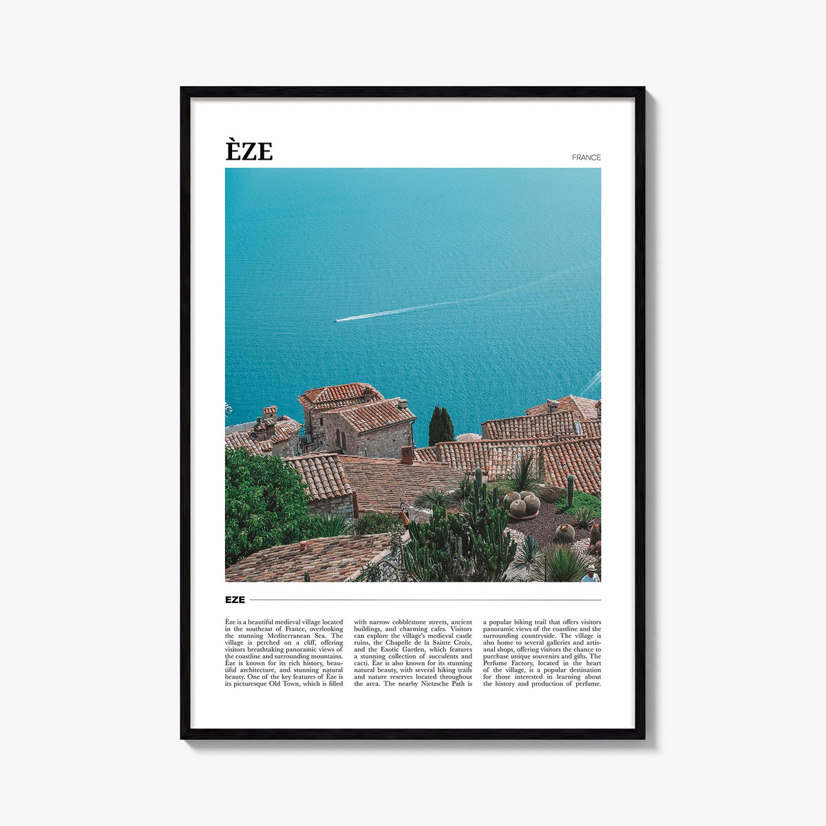 Èze colorful travel poster of France – vertical wall art, unframed print shown in interior mockup
