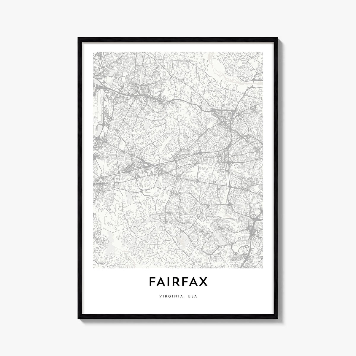 Fairfax, Virginia black & white map poster of Virginia, USA – vertical wall art, unframed print shown in interior mockup
