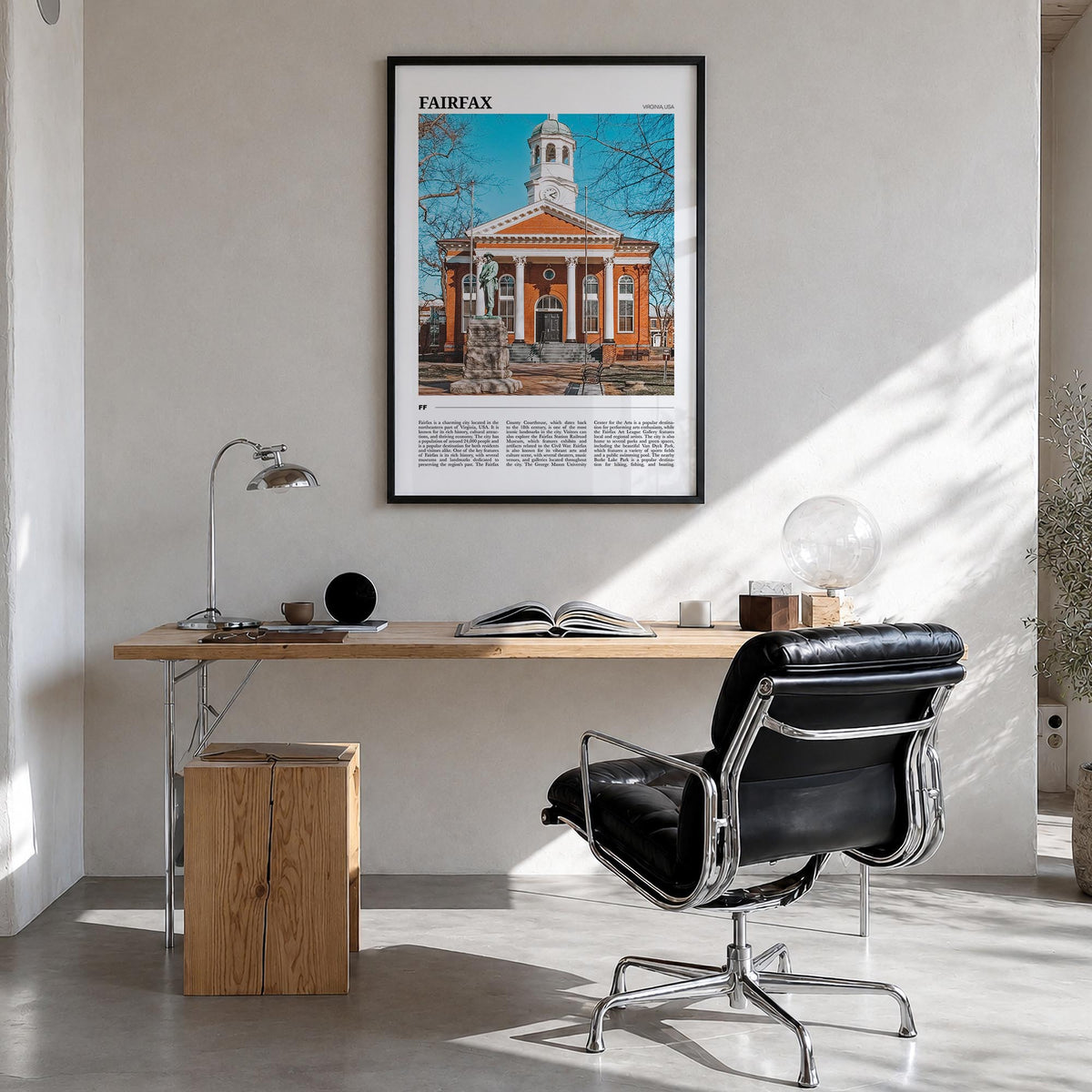 Fairfax, Virginia colorful travel poster of Virginia, USA – vertical wall art in black wood frame, hanging on wall