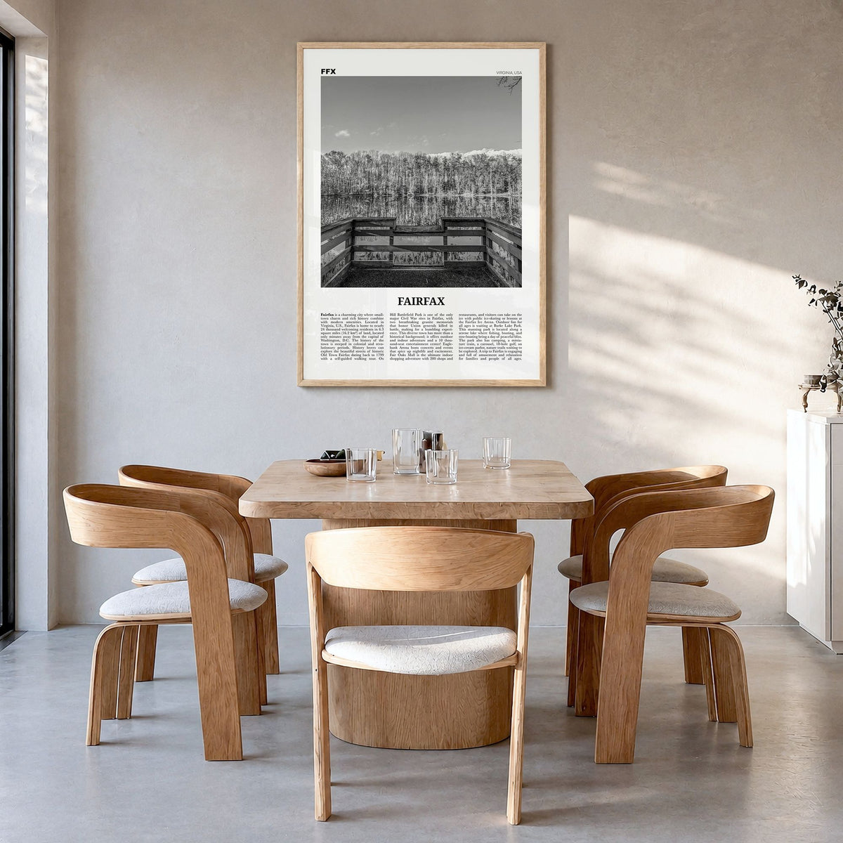 Fairfax, Virginia Newspaper Poster in a natural wood frame, hanging in a dining room
