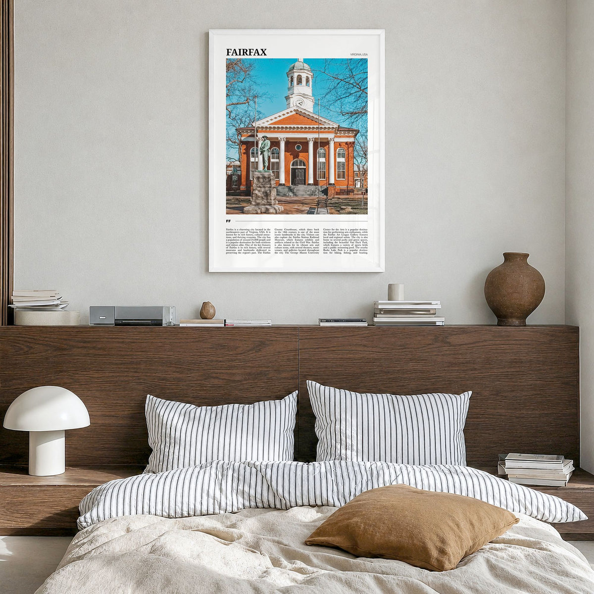 Fairfax, Virginia Travel Poster in a white wood frame, hanging in a bedroom