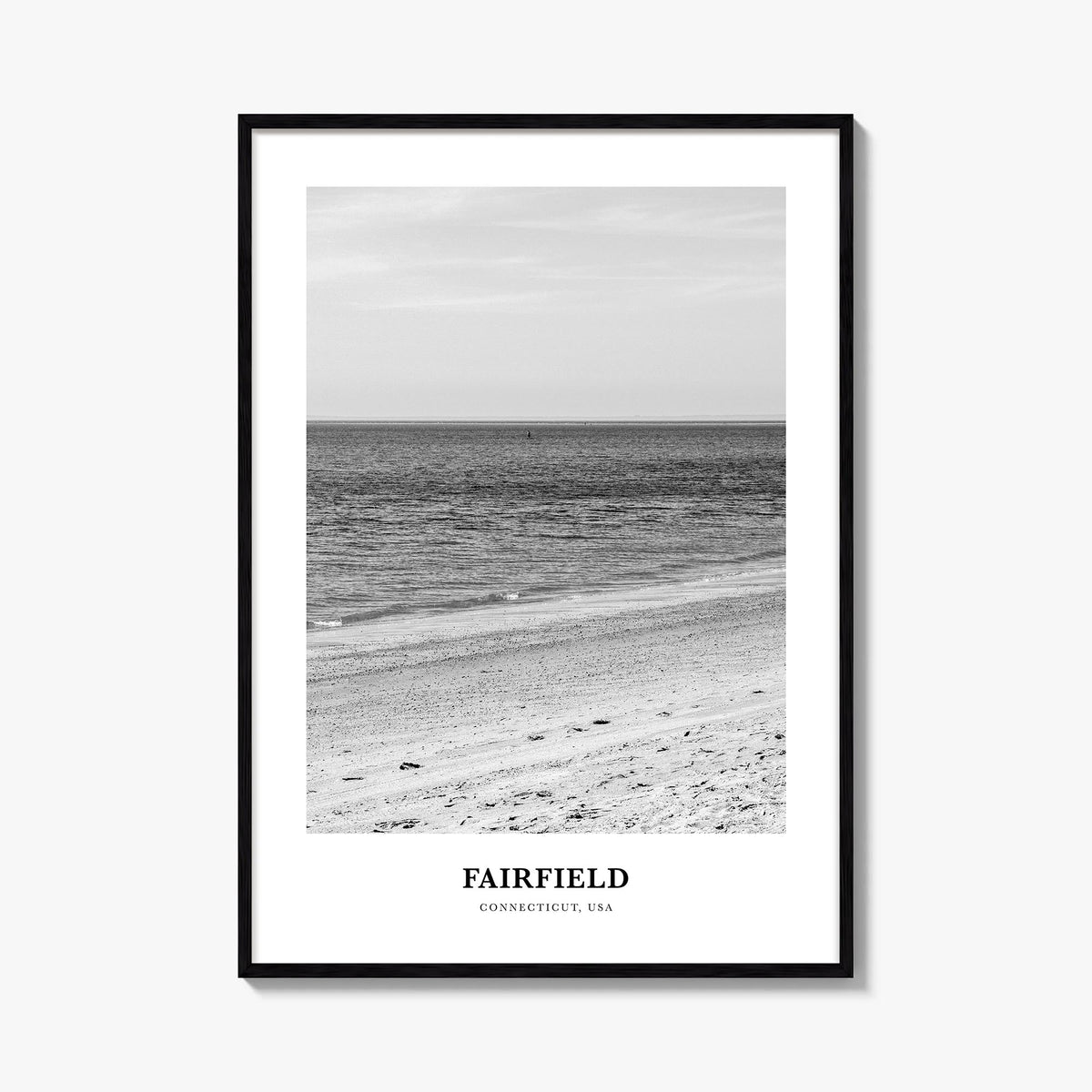 Fairfield black & white classic poster of Connecticut, USA – vertical wall art, unframed print shown in interior mockup