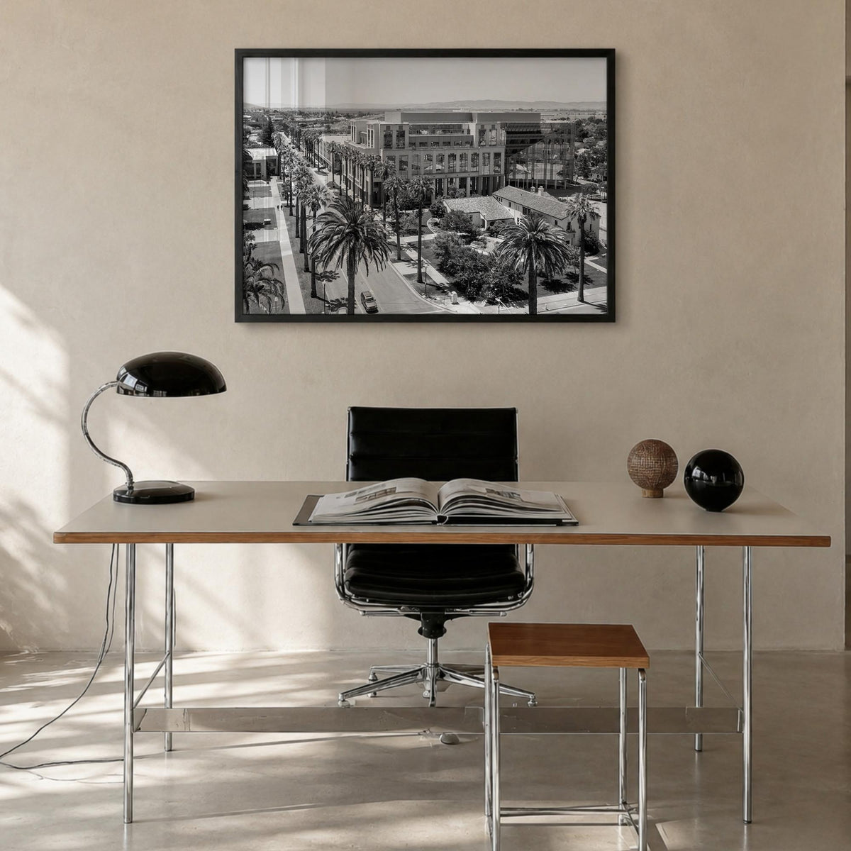 Fairfield black & white photo poster of Connecticut, USA – horizontal wall art in black wood frame, hanging on wall