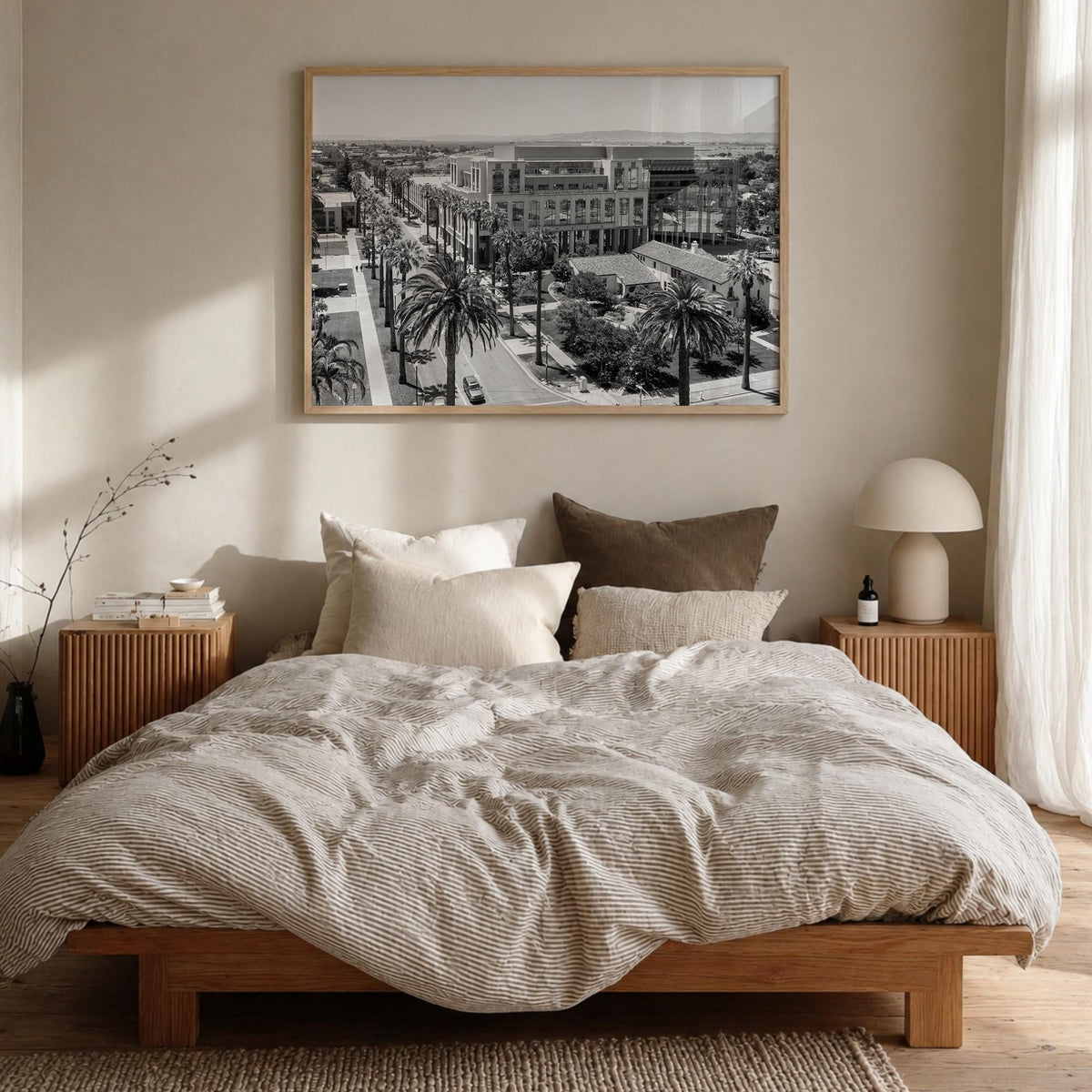 Fairfield black & white photo poster of Connecticut, USA – horizontal wall art in natural wood frame, hanging on wall
