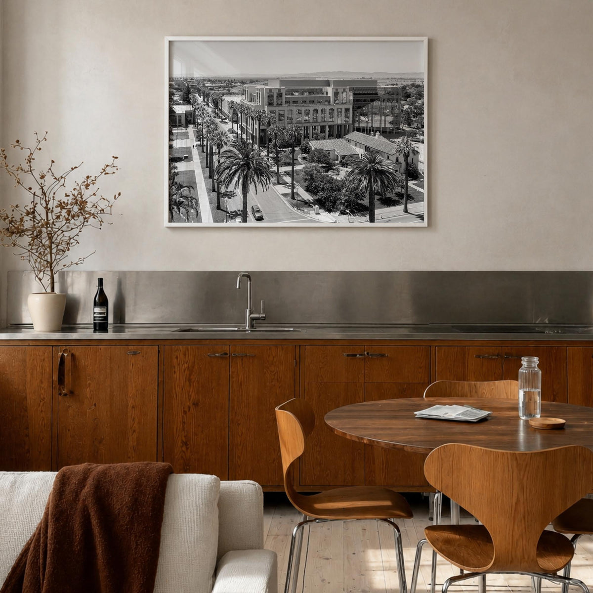 Fairfield black & white photo poster of Connecticut, USA – horizontal wall art in white wood frame, hanging on wall