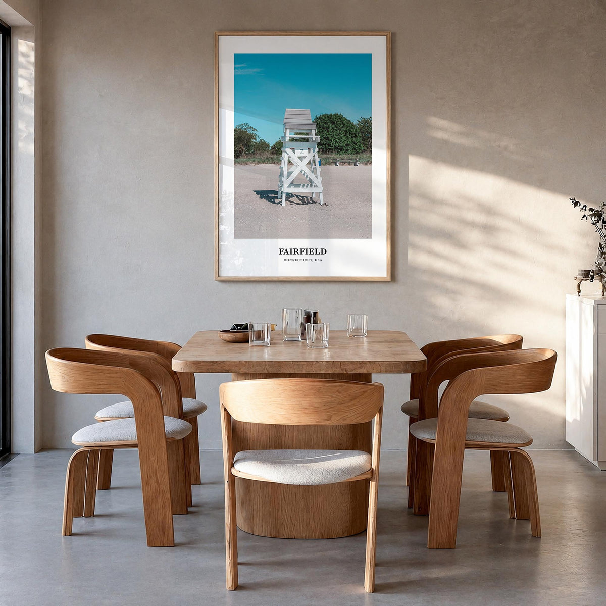 Fairfield colorful classic poster of Connecticut, USA – vertical wall art in natural wood frame, hanging on wall