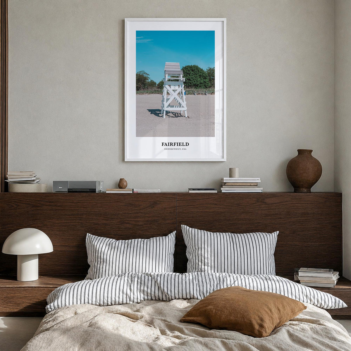 Fairfield colorful classic poster of Connecticut, USA – vertical wall art in white wood frame, hanging on wall
