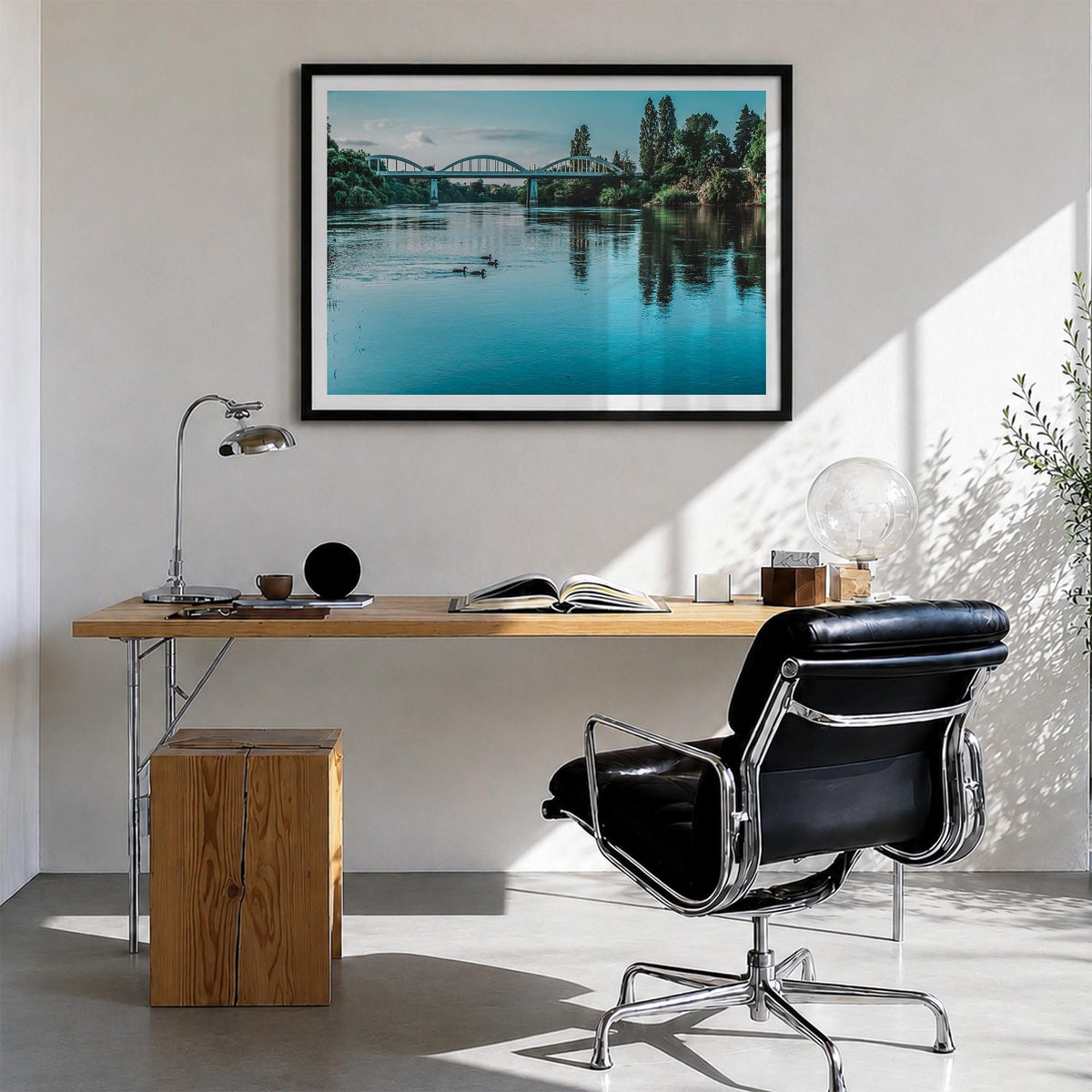 Fairfield colorful photo poster of Connecticut, USA – horizontal wall art in black wood frame with white border, hanging on w