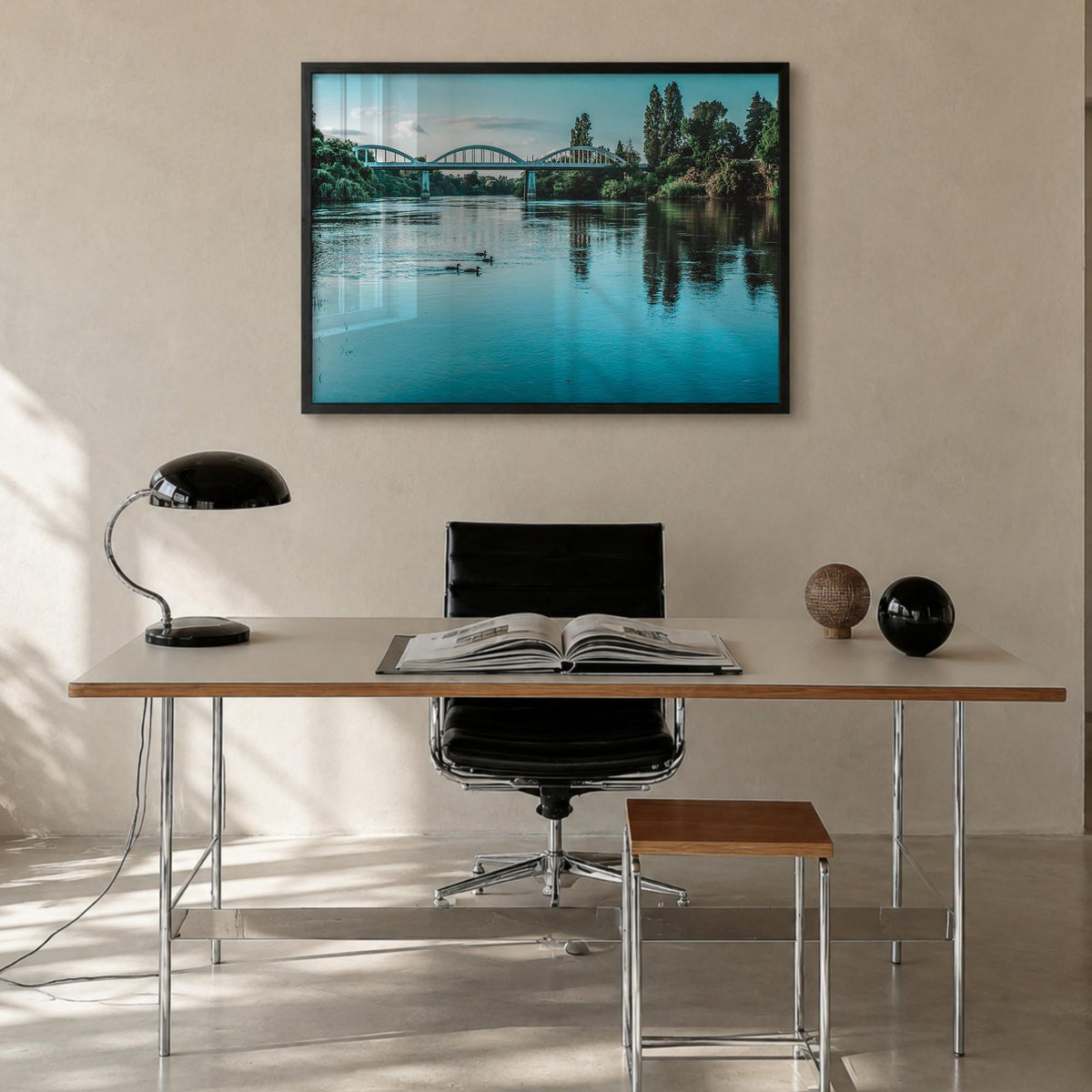 Fairfield colorful photo poster of Connecticut, USA – horizontal wall art in black wood frame, hanging on wall