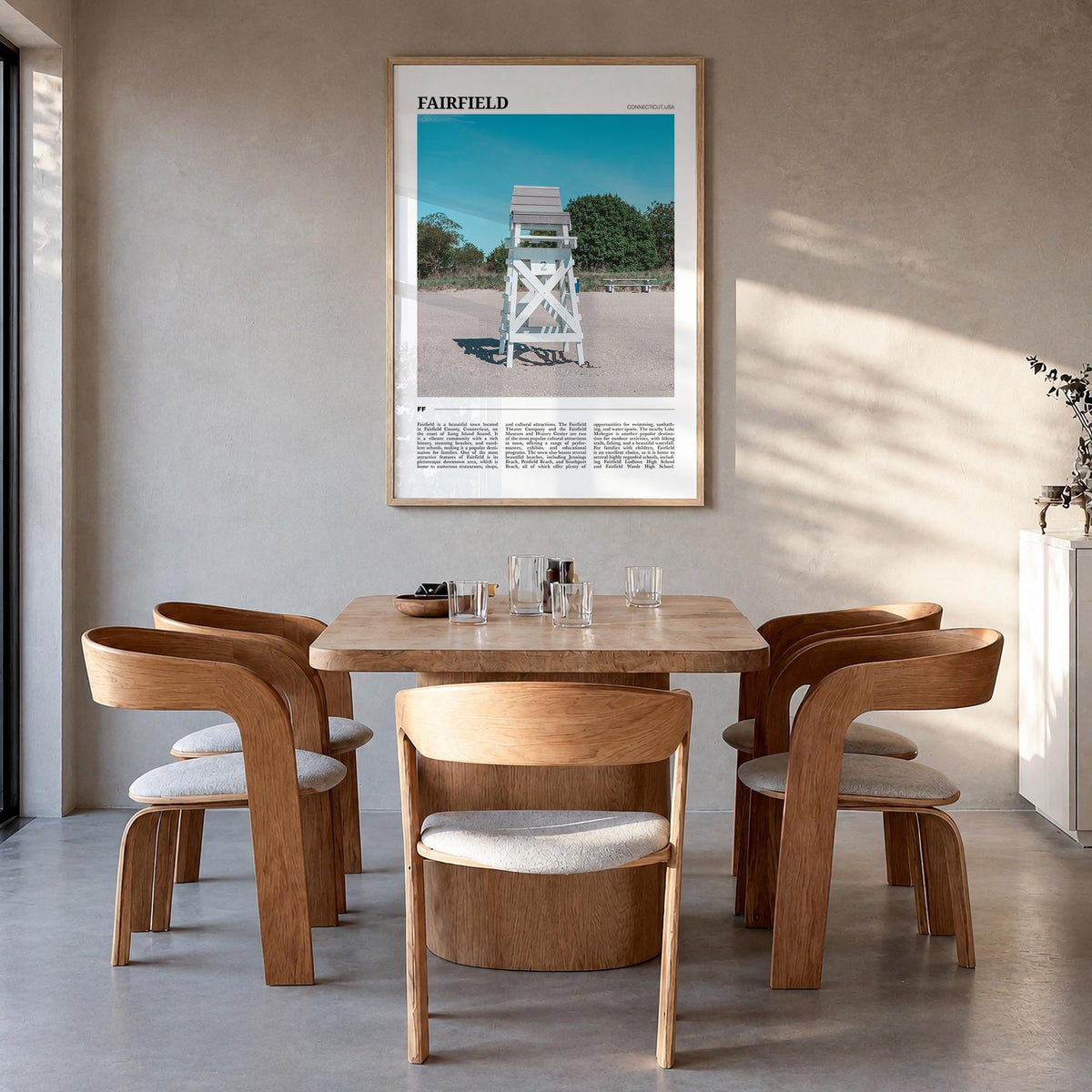 Fairfield colorful travel poster of Connecticut, USA – vertical wall art in natural wood frame, hanging on wall