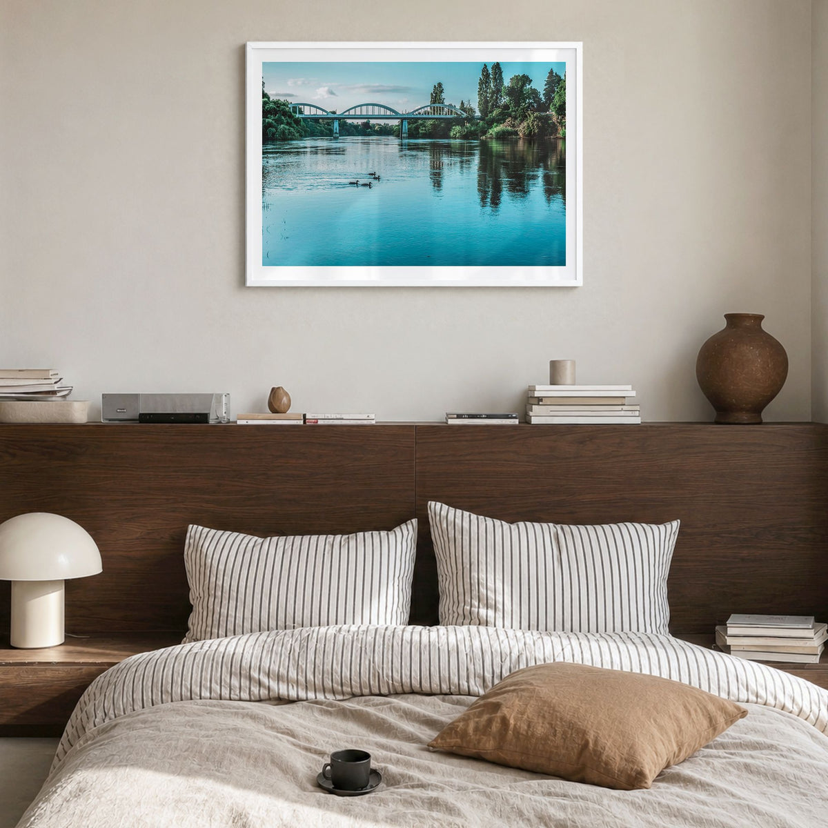 Fairfield Photo Poster in a white wood frame, hanging in a bedroom, white border