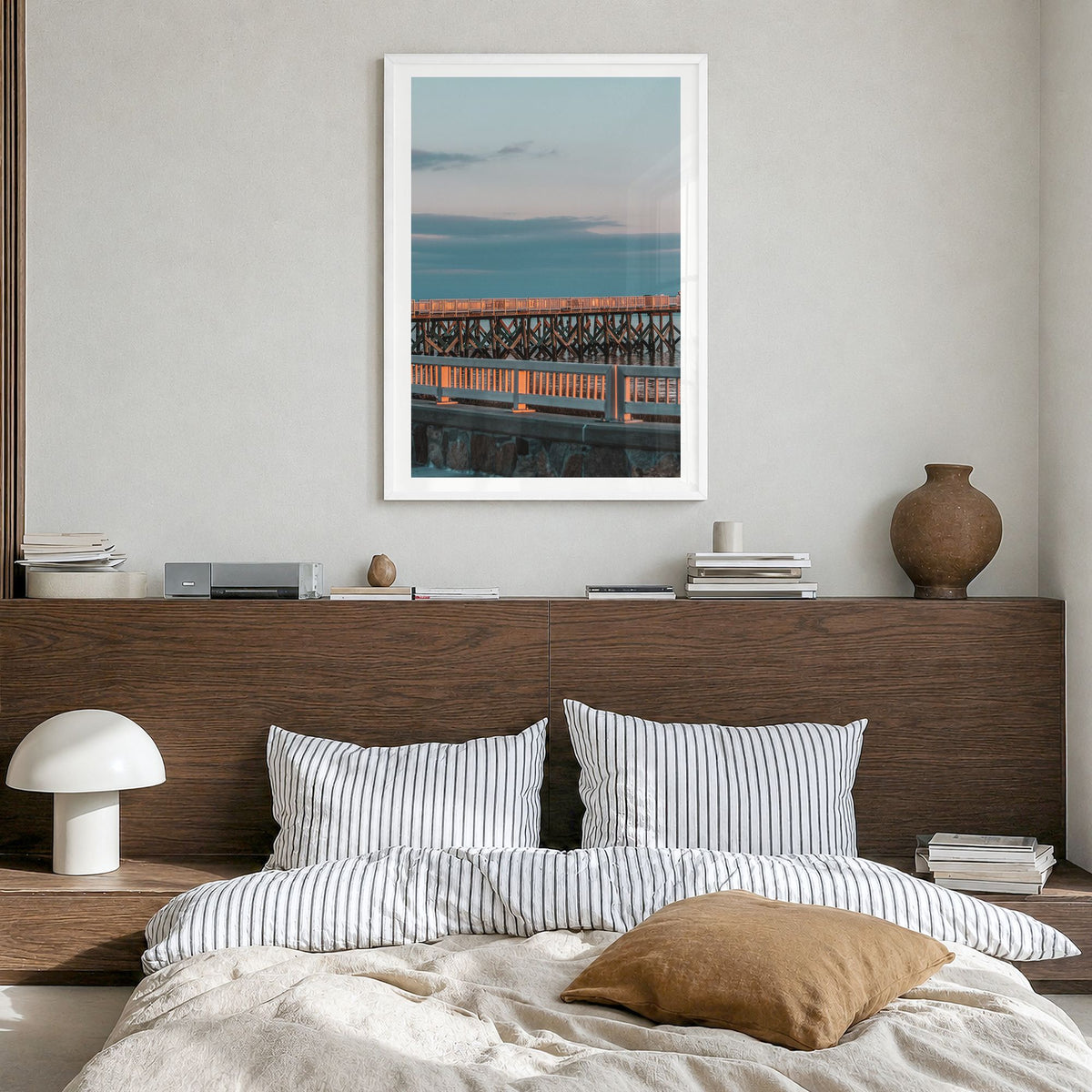 Fairfield Photo Poster in a white wood frame, hanging in a bedroom, white border