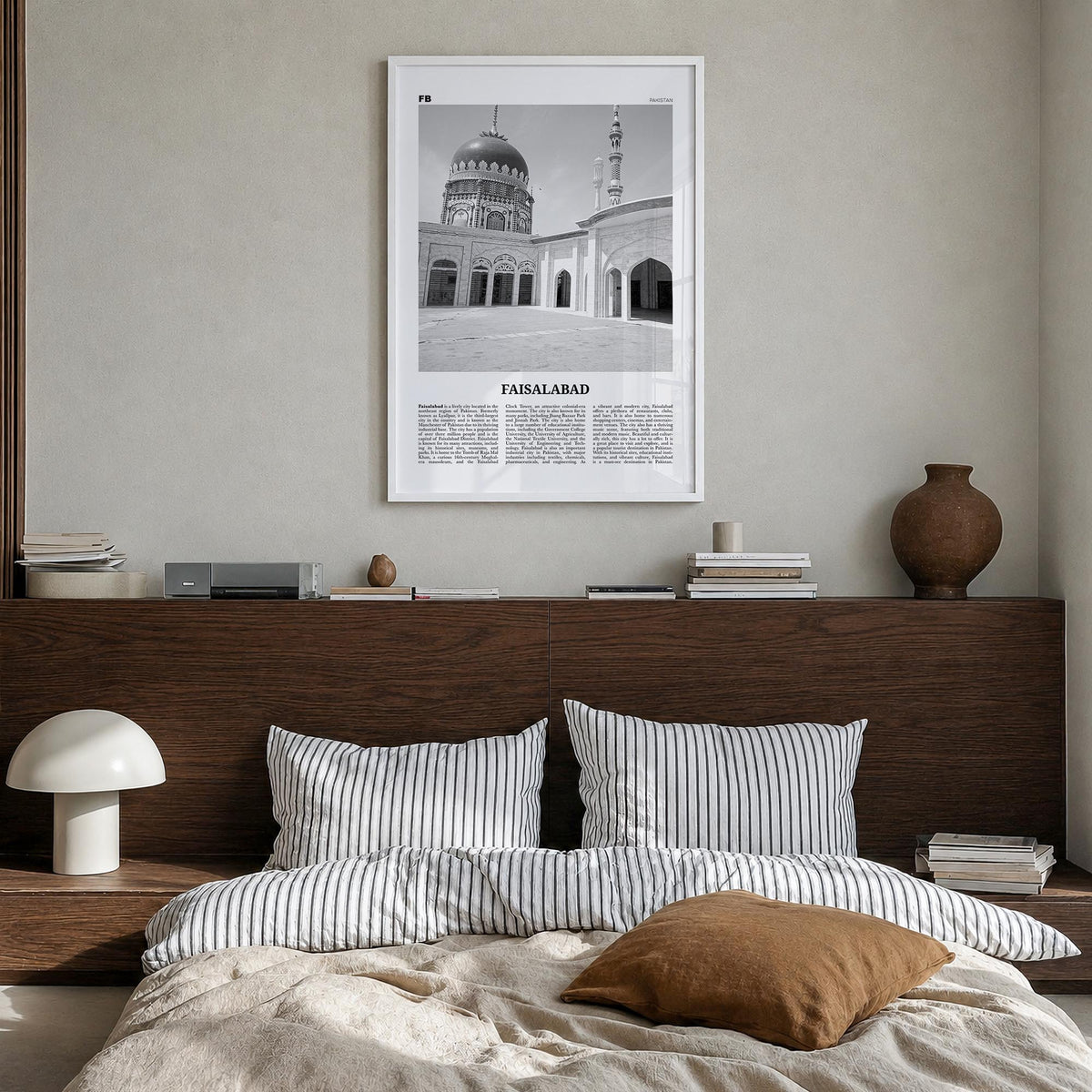 Faisalabad black & white newspaper poster of Pakistan – vertical wall art in white wood frame, hanging on wall