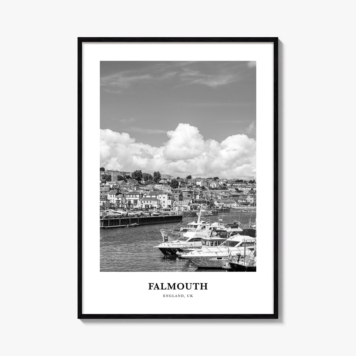 Falmouth, England black & white classic poster of United Kingdom – vertical wall art, unframed print shown in interior mockup