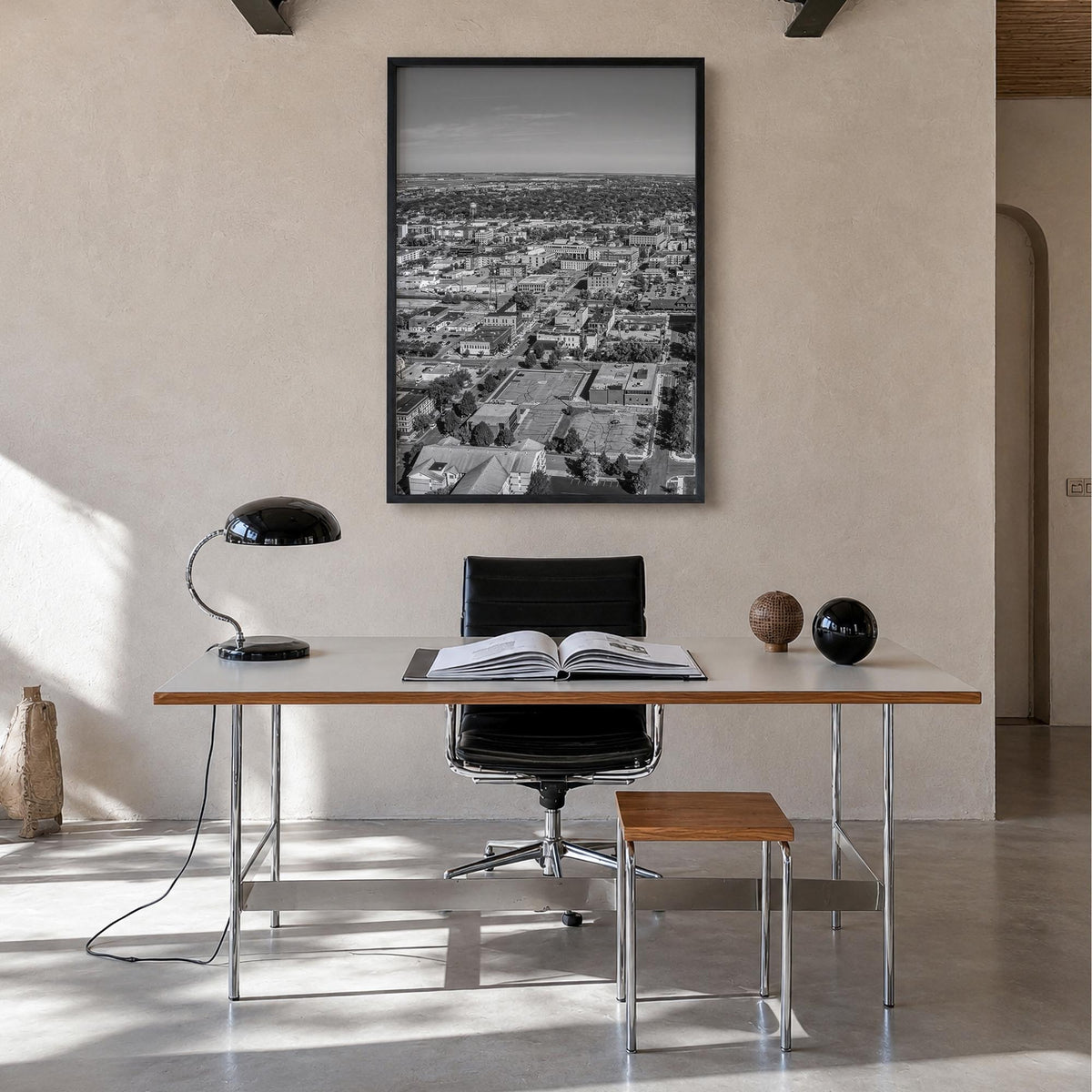Fargo black & white photo poster of North Dakota, USA – vertical wall art in black wood frame, hanging on wall