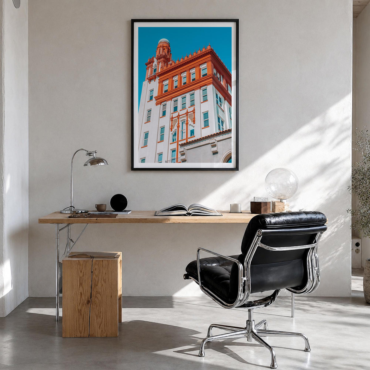 Fargo colorful photo poster of North Dakota, USA – vertical wall art in black wood frame with white border, hanging on wall