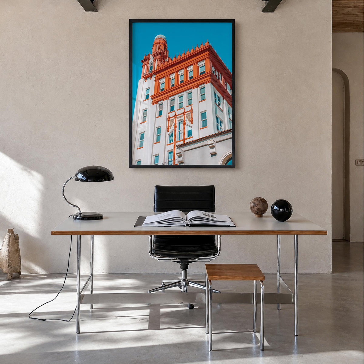 Fargo colorful photo poster of North Dakota, USA – vertical wall art in black wood frame, hanging on wall