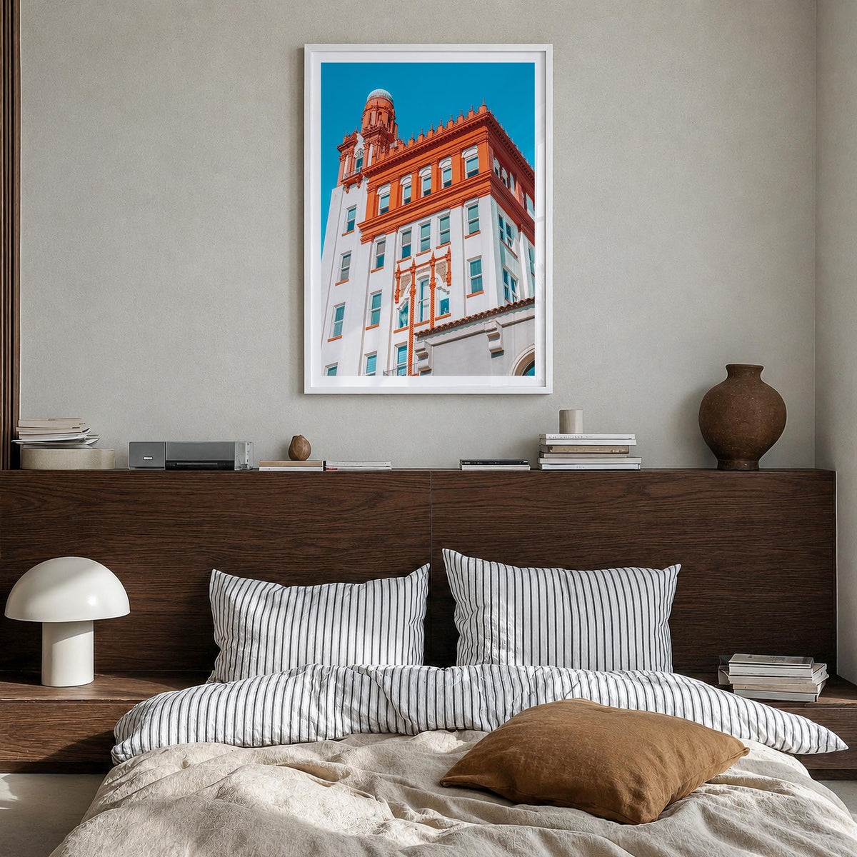 Fargo colorful photo poster of North Dakota, USA – vertical wall art in white wood frame with white border, hanging on wall