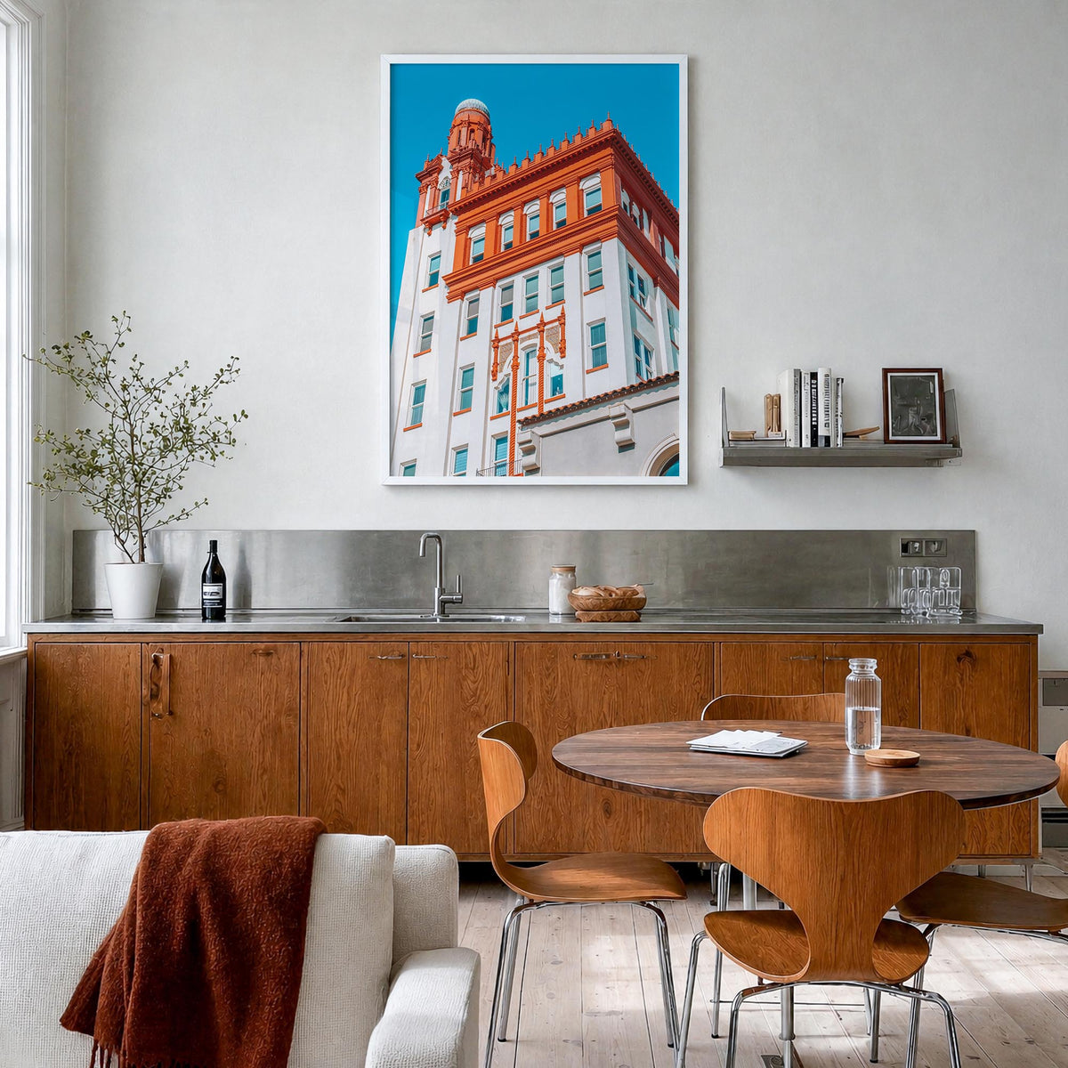 Fargo colorful photo poster of North Dakota, USA – vertical wall art in white wood frame, hanging on wall