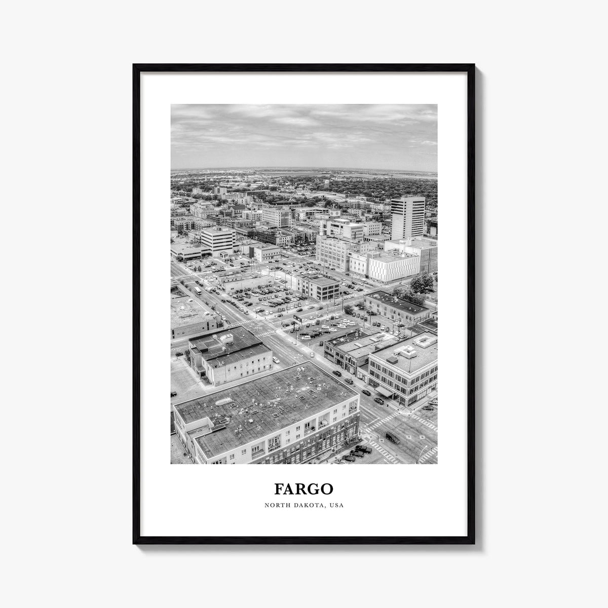 Fargo no. 1 black & white classic poster of North Dakota, USA – vertical wall art, unframed print shown in interior mockup