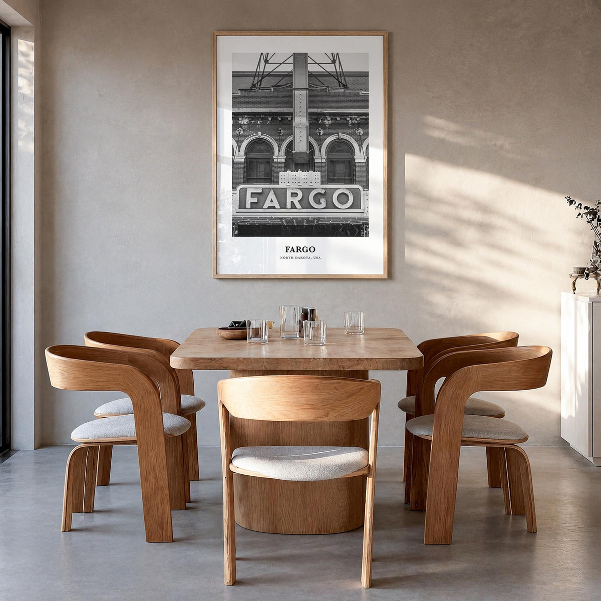 Fargo no. 2 black & white classic poster of North Dakota, USA – vertical wall art in natural wood frame, hanging on wall