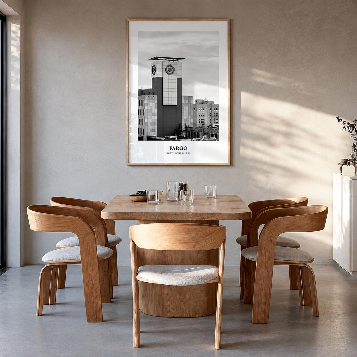Fargo no. 3 black & white classic poster of North Dakota, USA – vertical wall art in natural wood frame, hanging on wall
