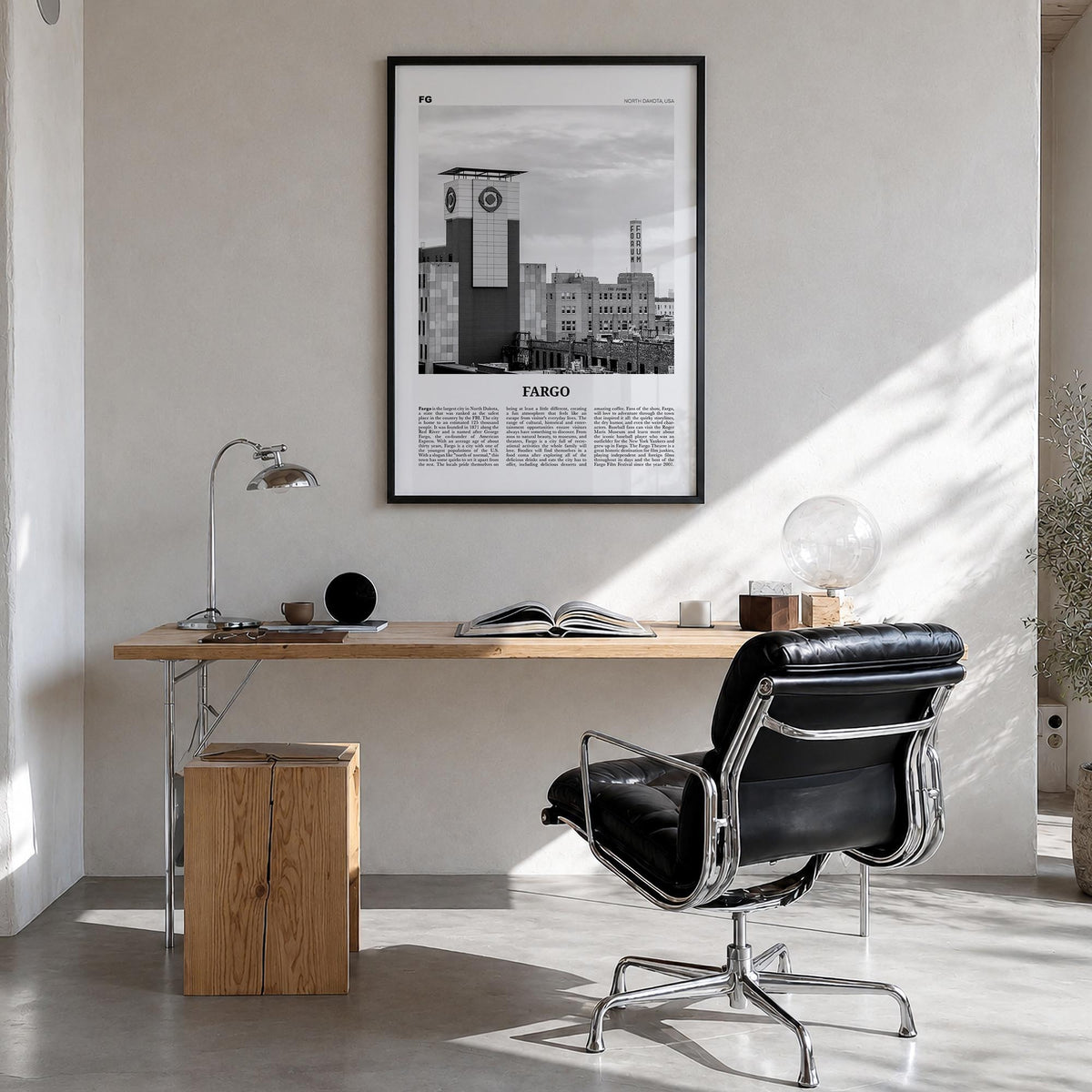 Fargo no. 3 black & white newspaper poster of North Dakota, USA – vertical wall art in black wood frame, hanging on wall