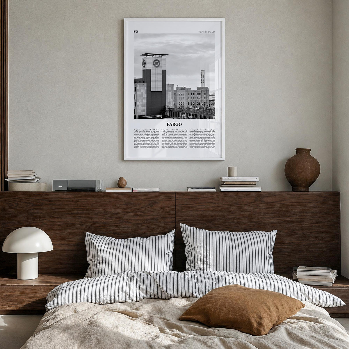 Fargo no. 3 black & white newspaper poster of North Dakota, USA – vertical wall art in white wood frame, hanging on wall