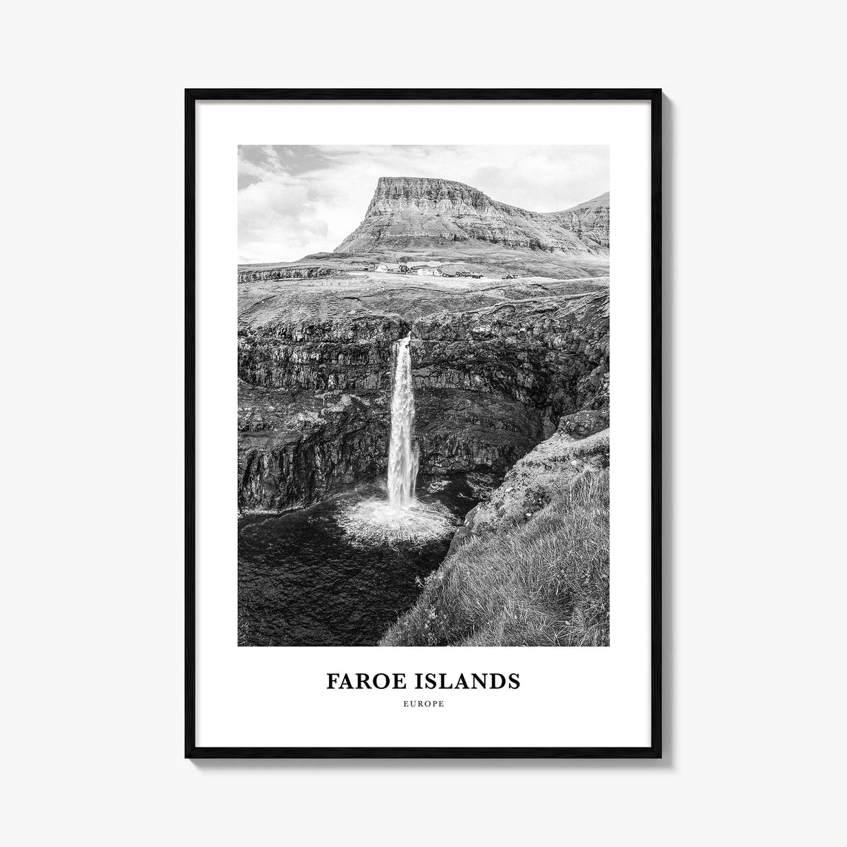 Faroe Islands black & white classic poster of Europe – vertical wall art, unframed print shown in interior mockup