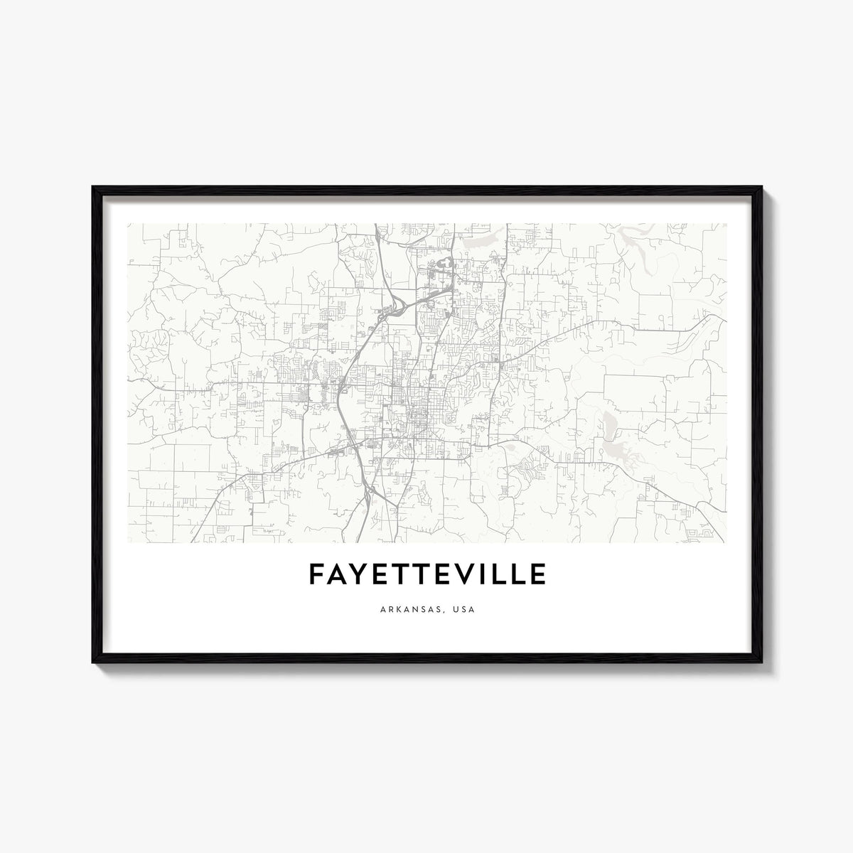 Fayetteville, Arkansas black & white map poster of Arkansas, USA – horizontal wall art, unframed print shown in interior mock