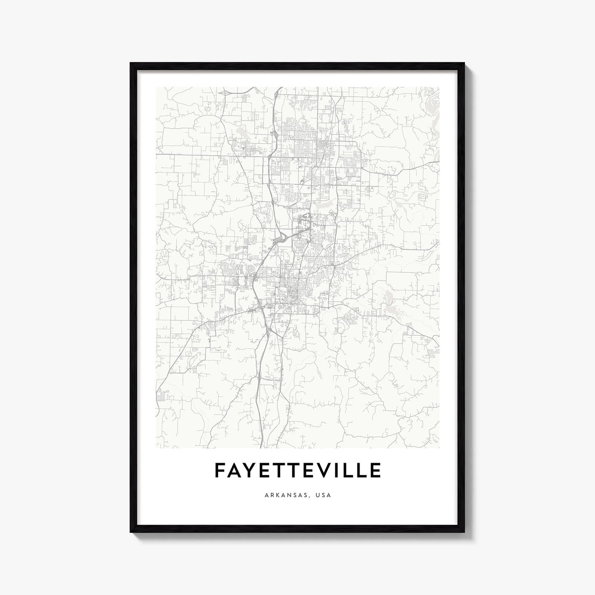 Fayetteville, Arkansas black & white map poster of Arkansas, USA – vertical wall art, unframed print shown in interior mockup