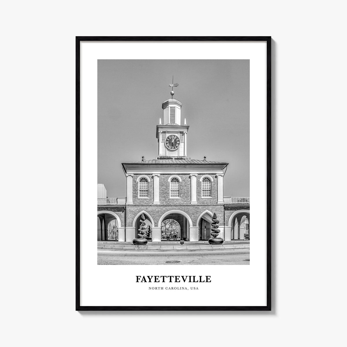 Fayetteville, North Carolina black & white classic poster of North Carolina, USA – vertical wall art, unframed print shown in