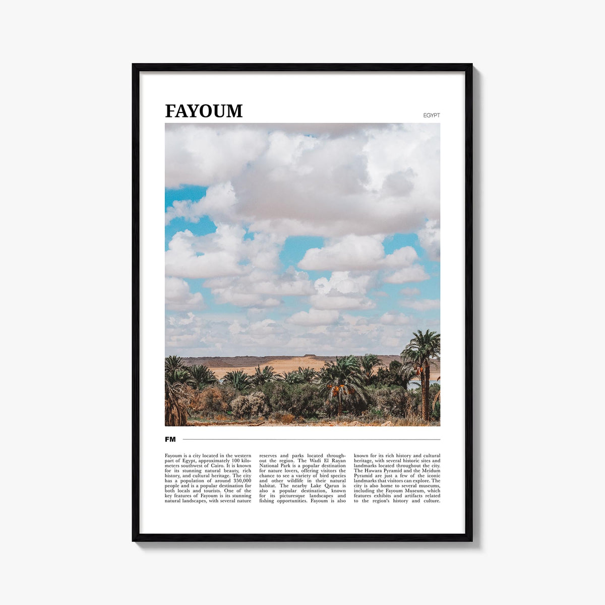 Fayoum colorful travel poster of Egypt – vertical wall art, unframed print shown in interior mockup