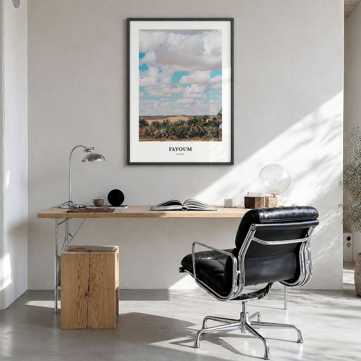 Fayoum Classic Poster in a black wood frame, hanging in a bright home office