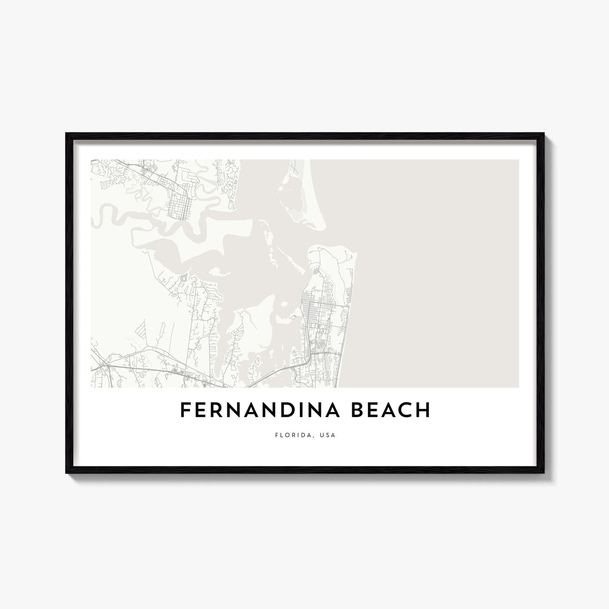Fernandina Beach black & white map poster of Florida, USA – horizontal wall art, unframed print shown in interior mockup